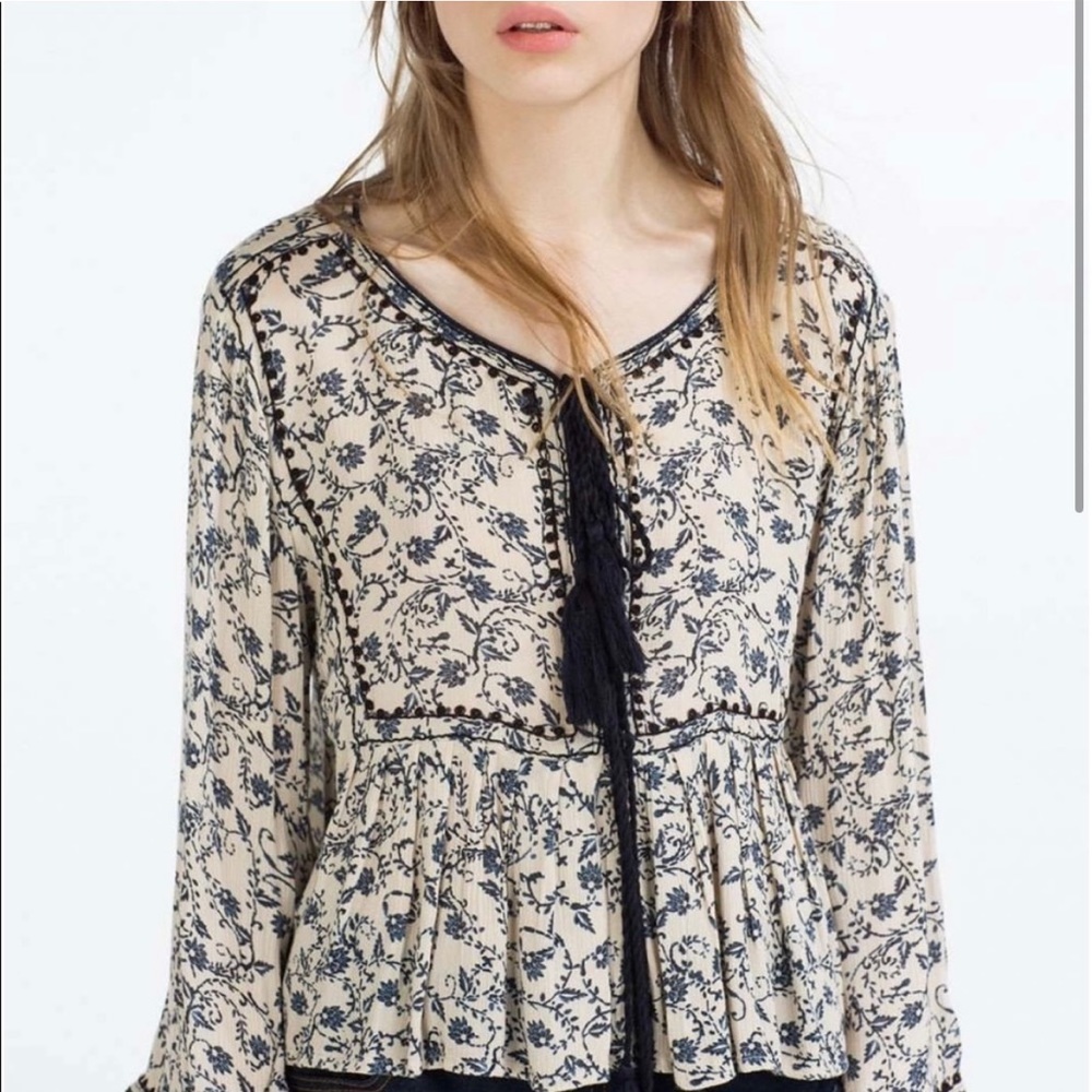 Zara Floral Ruffle Long Sleeve Blouse with Tassels
